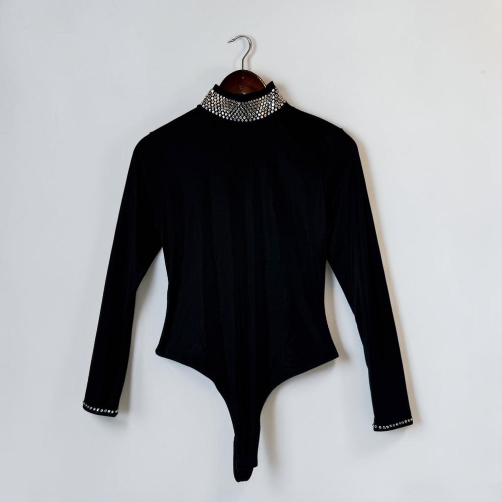 Kippy's Bodysuit Swarovski Crystal Embellished Long Sleeve Mock Neck Turtleneck